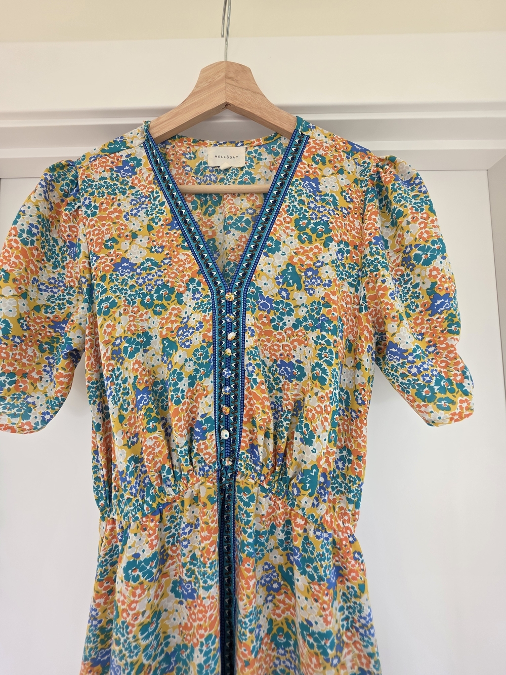 Melloday Women's Floral V-Neck Puff Sleeve Top - Yellow Multi Color Maxi Dress - Picture 2 of 14